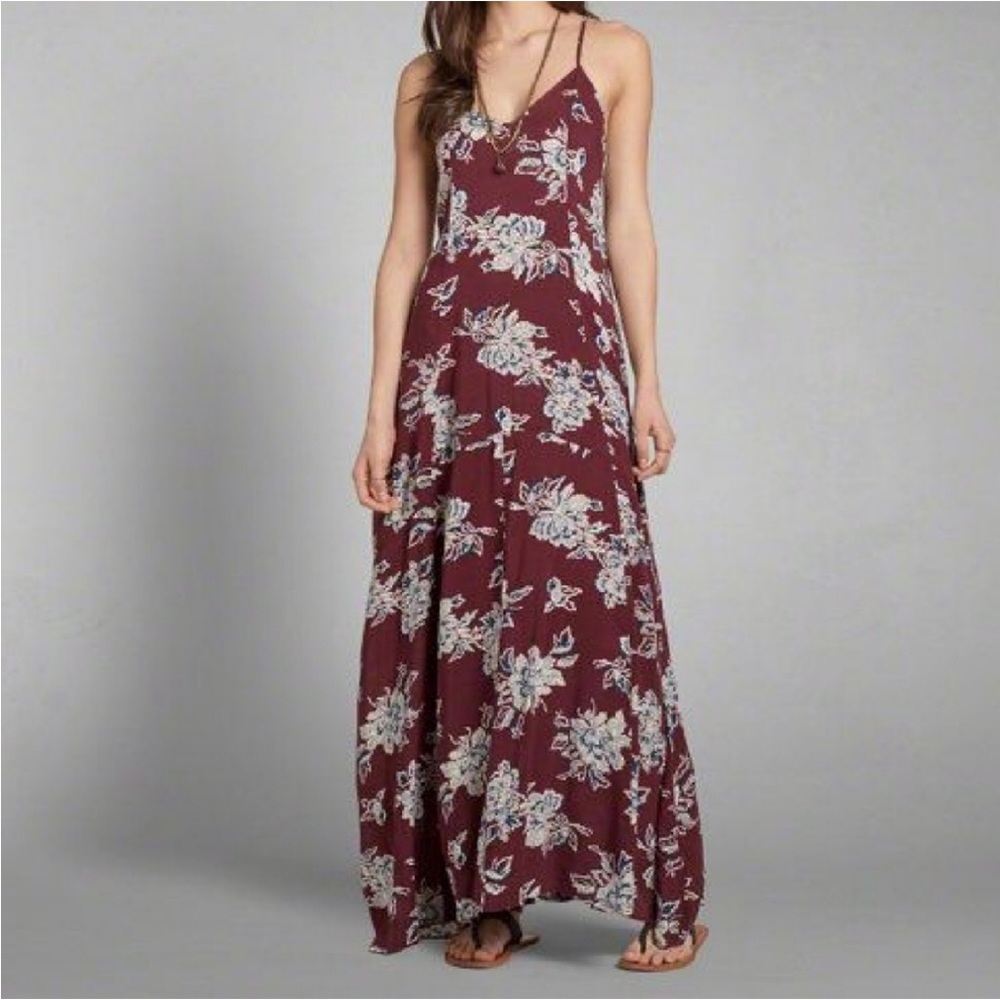 Abercrombie & Fitch Long Maxi Floral Dress Dark Red Wine Burgundy Small